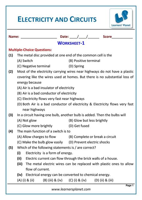 Electricity And Circuits Class 6 Worksheets