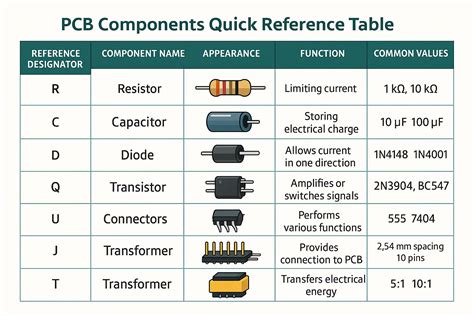 Electronic component identification chart.  Electronic components PCB: a concise visual guide...