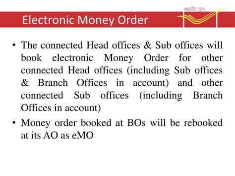 Electronic money order. Jan 20, 2024 · India Post, Ministry of Communication & Technology. RTI Manual 14: 26144: India Post, Ministry of Communication & Technology: 9/26/2015 2:26:52 PM: 9/26/2015 2:26:52 PM: You are here Home>> Right To The facility to tracking movement and delivery/payment of speed post articles, electronic Money Orders, Registered Letters and ADHAAR Cards is : … 