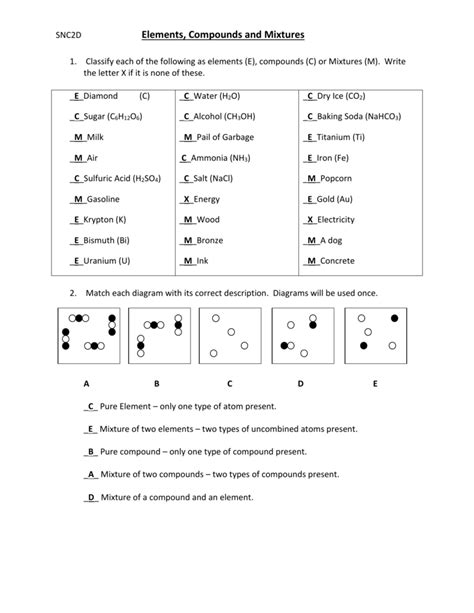Element Compounds And Mixtures Worksheet Answers