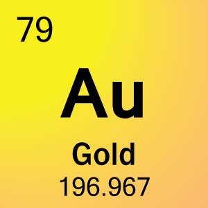 Gold. (Au) Gold is a chemical element of the periodic table with chemical symbol Au and atomic number 79 with an atomic weight of 196.967 u and is classed as transition metal and is part of group 11 (coinage metals). Gold is solid at room temperature. . 