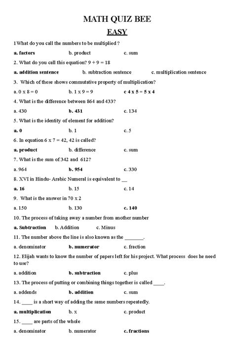 Elementary Bee Math Quiz Answers Questions