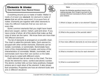 Elements And Atoms 3rd Grade Reading Comprehension Worksheet