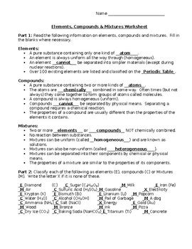 Elements Compounds And Mixtures Worksheet Answer Key