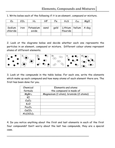 Elements Compounds Mixtures Worksheet Doc