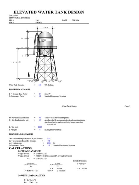 Elevated steel water tank design example.  Notes provide information on dimensions, constru...