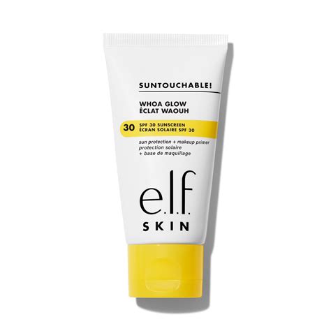 Elf woah glow. Lightweight face sunscreen and primer with broad-spectrum SPF 30. Flattering finish with a hint of sheer peach shimmer for a natural, radiant glow. Non-greasy feel. Doubles as a hydrating priming lotion to grip makeup for long-lasting wear. Infused with skin-loving ingredients like aloe, hyaluronic acid, and squalane. Fragrance-free. 