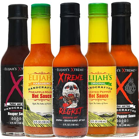 Elijah's hot sauce. Experience the ultimate collection of heat and flavor with the Xtreme Trio & Regret Reserve Hot Sauce Set from Elijah's Xtreme®. This set combines the 26-time award-winning Xtreme Trio featuring Ghost Pepper, Carolina Reaper, and Xtreme Regret hot sauces, along with our acclaimed Regret Reserve - our hottest sauce made with Carolina … 