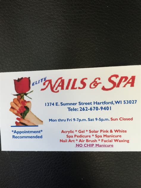 Elite nails hartford wisconsin. Get tips on what to do before visiting this Hartford nail salon WI including verifying their license, and what to look for when you arrive. ... Nail Salon Address; Elite Nails & Spa 1374 E Sumner St Hartford, WI 53027. Nail Salon Phone Number; The Elite Nails & Spa phone number is 262-670-9401. Update This Listing; 
