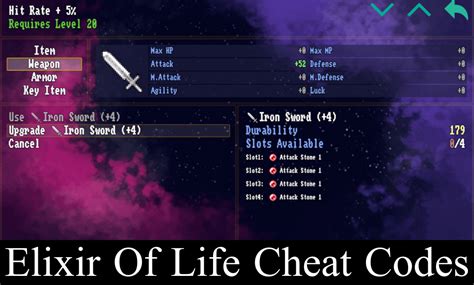 Elixir of life cheat codes. The main cheat code for the game is the ‘ elixir of life cheat code ’. This code will give you unlimited health, allowing you to progress easily through the game without any difficulty. The code works on all versions of the game, including the latest one. To use it, simply enter the code as ‘Elixir of Life’ in the console window before ... 