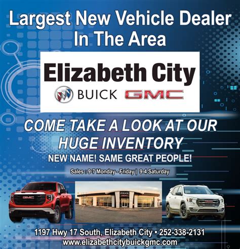 Elizabeth city buick gmc used cars. View new, used and certified cars in stock. Get a free price quote, or learn more about Elizabeth City Buick GMC amenities and services. 