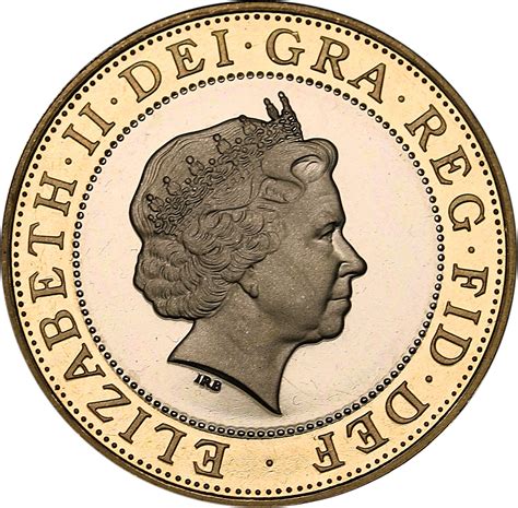 Elizabeth ii dei gra reg fid def two pounds value.  Script: Latin Lettering: T...