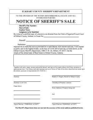 Elkhart sheriff sale. Elkhart County Auditor Patricia A. Pickens, 117 N 2nd St., Room 203, Goshen, IN 46526, (574) 535-6719, elkhartcountyauditor@elkhartcounty.com, is designated to be responsible for electronic publications of Elkhart County Government under Indiana Code 5-3-5. 