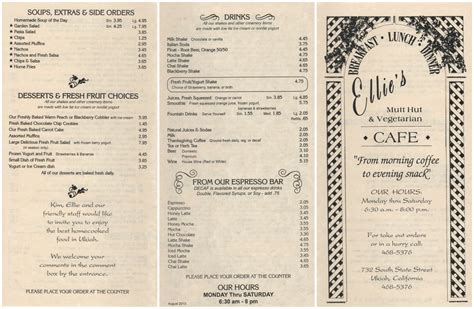 The restaurant information including the Ellie's Mutt Hut menu items and prices may have been modified since the last website update. You are free to download the Ellie's Mutt Hut menu files. The actual menu of the Ellie's Mutt Hut restaurant. Prices and visitors' opinions on dishes.. 