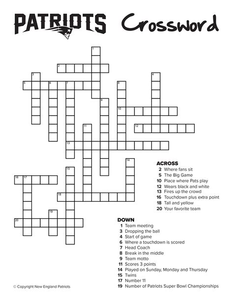 Patriots' home Crossword Clue Answers. Find the latest crossword clues from New York Times Crosswords, LA Times Crosswords and many more. Crossword Solver Crossword Finders ... EZEKIEL Elliott of the New England Patriots (7) Premier Sunday: Jan 28, 2024 : 7% GIS PX patrons (3) Eugene Sheffer: Jan 11, 2024 : 7% USA Patriotic shout (3) Commuter .... 