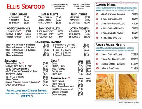 View the latest Ellis Seafood prices for the business located at 350 Meadowbrook Road, Jackson, MS, 39206. PriceListo. search Open search input. Businesses Login Register. Open main menu ... 350 Meadowbrook Road, Jackson, MS, 39206, US 1(601) 981-7885 View Average Prices. Order Online . Menu. Combos 1. 40-50 Popcorn Shrimp.