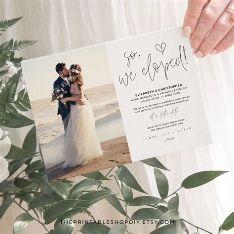 Elopement announcements. Hawaiian Beach Wedding Reception Invitation Template, Tropical Wedding, Reception Invitation Cards, Elopement Announcement Invitation, H1. (4.2k) $7.32. $10.45 (30% off) Sale ends in 20 hours. Digital Download. 