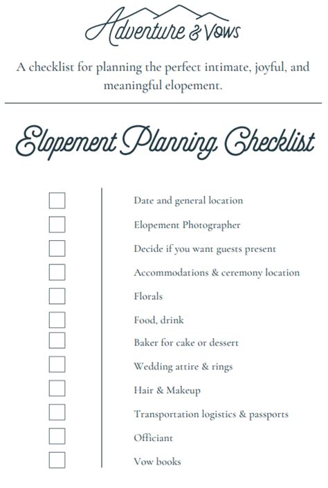 Elopement checklist. This micro wedding planning checklist will help you dot all of your I’s and cross all of your T’s ahead of your big day. But, if you’re looking to reduce your stress as you curate your dream wedding, can help. Our seasoned elopement and micro wedding planners have organized over 10,000 weddings for adventurous … 
