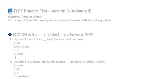 Elpt test sample questions.  The passage provides information about the Englis...