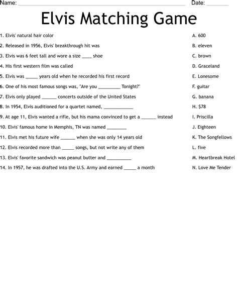 Elvis Matching Game Worksheet WordMint