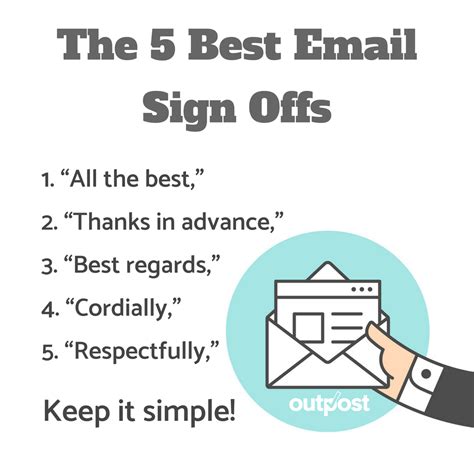 Email sign-offs. Jun 28, 2023 · Best practices for ending emails. Keep your sign-off consistent with your email style – writing a formal email and ending it with “Bye!” would be confusing to say the least. Similarly, sending an informal email with the ending phrase “Your sincerely” is simply off. When in doubt, imitate – using the same sign-off as the person who ... 