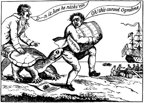 3490. A political cartoon showing merchants dodging the "Ograbme", which is "Embargo" spelled backwards. The embargo was also ridiculed in the New England press as Dambargo, Mob-Rage, or Go-bar-'em. While the intentions of the act may have been noble, in reality, the embargo act of 1807 meant to hurt the British and the French ended in failure.. 