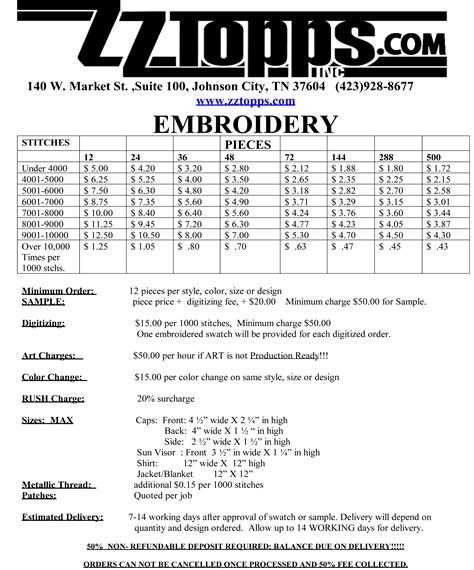 Embroidery Price List