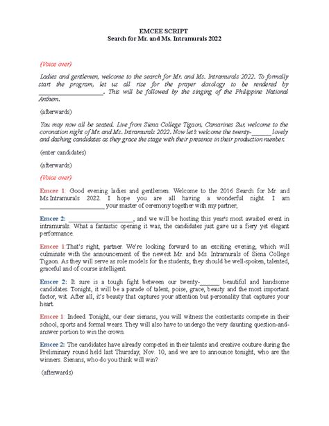 Emcee script for school event.  Includes program flow, speeches, and audience re...