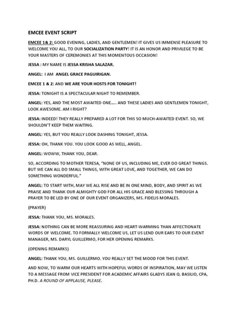 Emcee script for short program.  A well-written emcee script sets the tone, engages the audi...