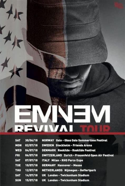 Eminem world tour 2024. Releases Dr. Dre - 4th solo album - February 18, 2022 50 Cent - 6th solo album - 2022 Eminem - 12th solo album - 2024 Tour Super Bowl LVI (Halftime Show) - Dr. Dre, Snoop Dogg, Eminem, Mary J. Blige - February 13, 2022 
