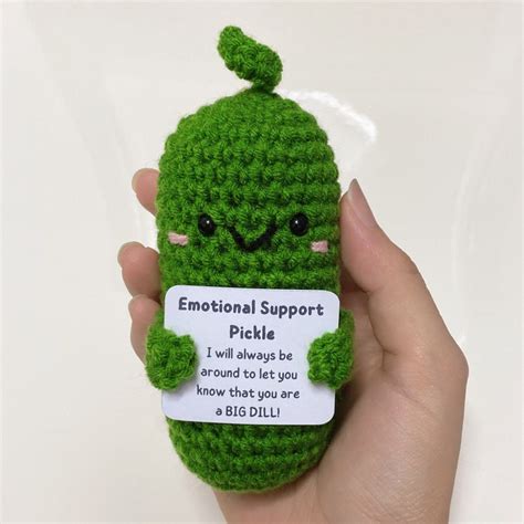 Emotional support pickle. Crochet your own emotional support pickle with this free pattern. Find comfort and joy in the process of creating this cute and cuddly pickle, perfect for relieving stress and anxiety. 