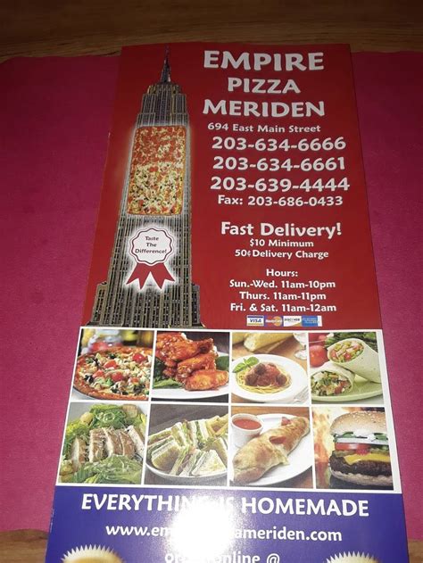 View the menu, hours, address, and photos for Empire Pizza in Meriden, CT. Order online for delivery or pickup on Slicelife.com.. 