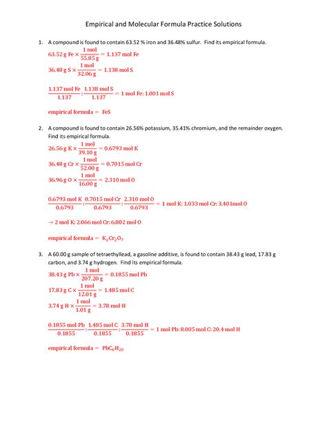 Empirical and Molecular Formula Practice Solutions Docsity
