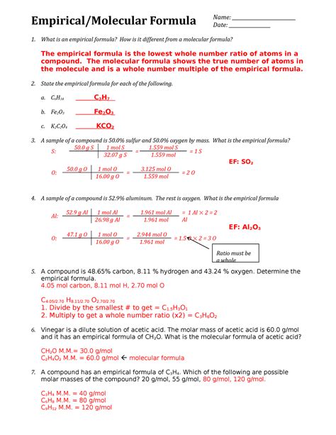 Empirical and Molecular Formula WS Solutions PDF PDF Worksheets Library
