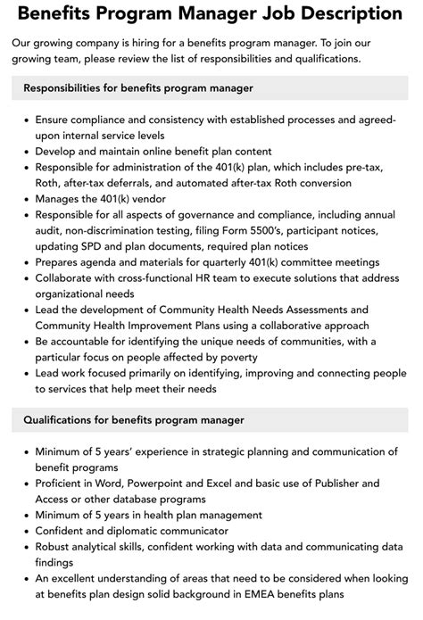 Employee Benefits Program Manager Job Description