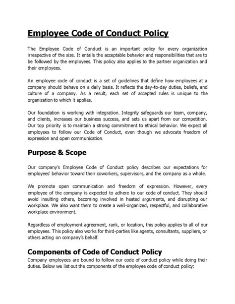 Employee Code of Conduct Policy Download PDF Word