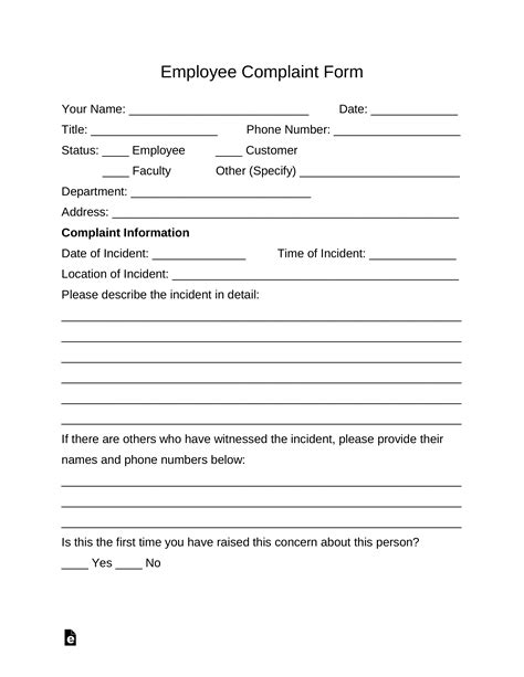 Employee Complaint Form format Samples Word Document Download