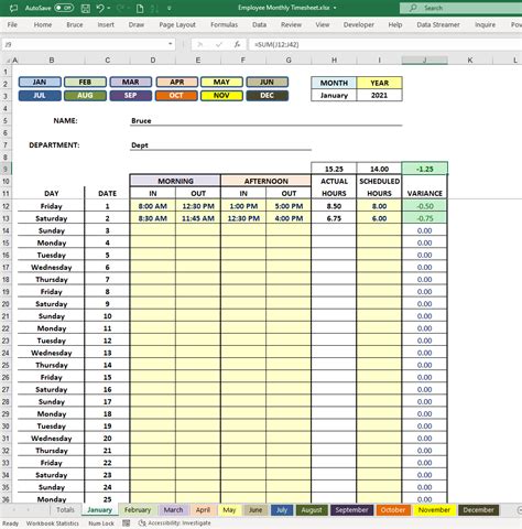 Employee Monthly Timesheet Template with Formulas Kaufmann Data