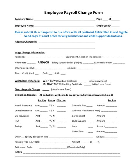 Employee Payroll Changes Forms
