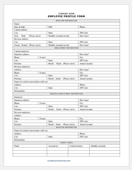 Employee Profile Form Templates Word Excel Templates
