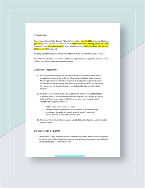 Employee Remote Work Contract Template in Google Docs, Word Download