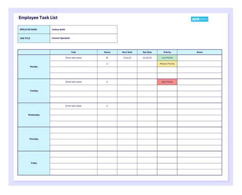 Employee Task Checklist Template