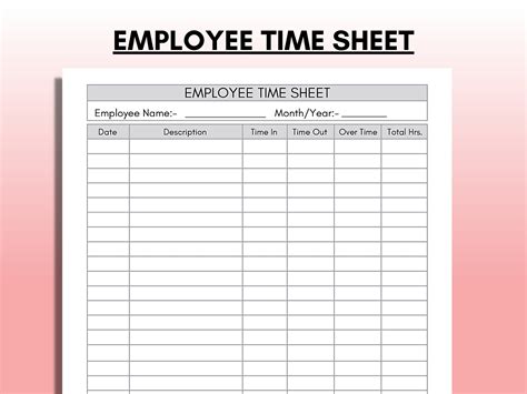 Employee Time Sheet, Employee Work Log Sheet, Clock in and Out Template