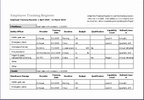 Employee Training Register MS Excel Fully Customizable Template Excel