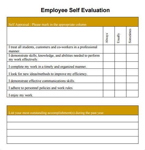 Employee self evaluation. This employee evaluation form is designed to provide a comprehensive annual review. The template includes sections for measurable objectives that can be weighted and evaluated with follow-up notes. Other sections include assessing employee skills, self-evaluation for employees, and employee evaluation of managers. 