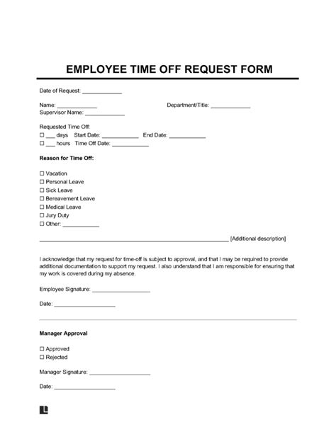 Employee time off request form template Time off request form Calendars