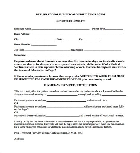 Employer Doctor Release Form To Return To Work FREE 9+ Work Release