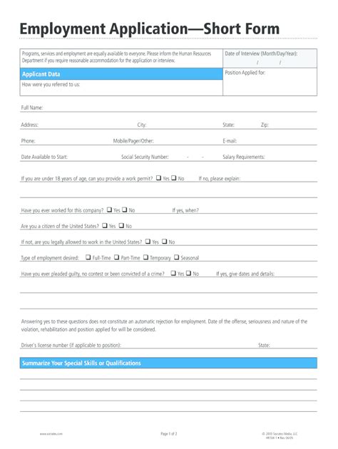 Employment Application Short Form 20202021 Fill and Sign Printable