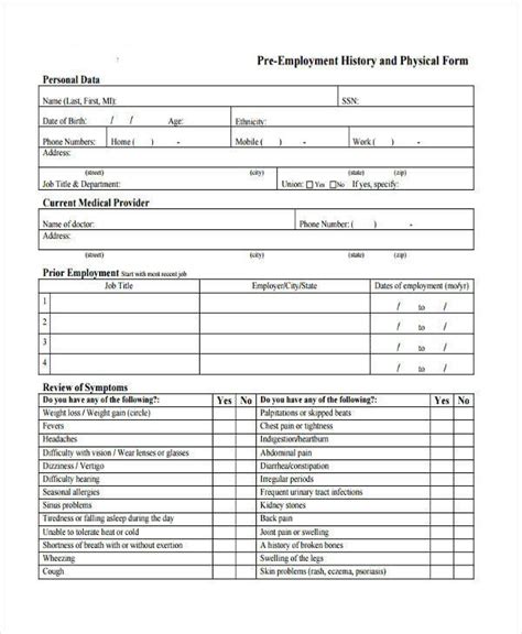 Employment Physical Form Template Database