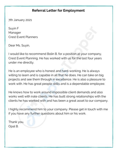 Employment Referral Letter Template
